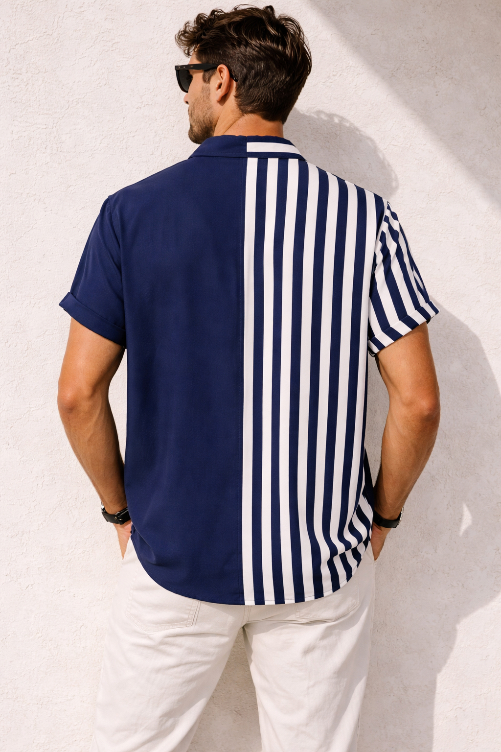 Two-tone Striped Print Casual Men's Shirt - Blue