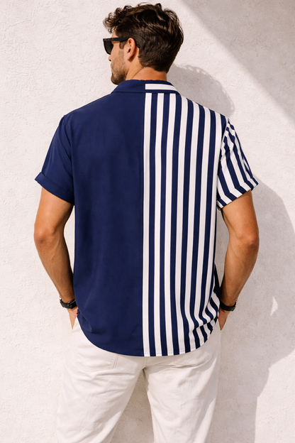Two-tone Striped Print Casual Men's Shirt - Blue