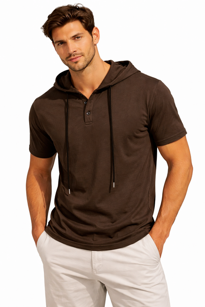Men’s Short Sleeve Hooded Henley T-Shirt – Slim Fit Cotton Hoodie Tee with Drawstrings