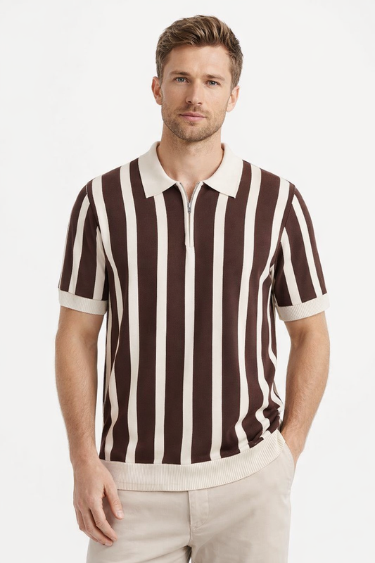 Men’s Retro Stripe Knit Polo Shirt – Brown & Cream Zip Collar Summer Tee