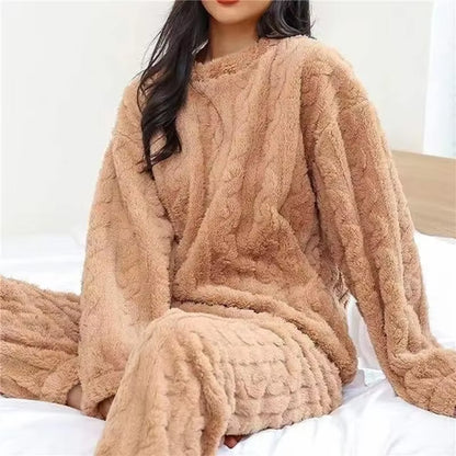 Winter Warm Coral Velvet Pajamas Set for Women Thick Fluffy Sleepwear Lounge Suit Cozy Soft Homewear Outerwear for Cold Weather