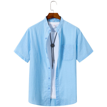 Men’s Sky Blue Linen Short Sleeve Shirt – V-Neck/ Button-Up