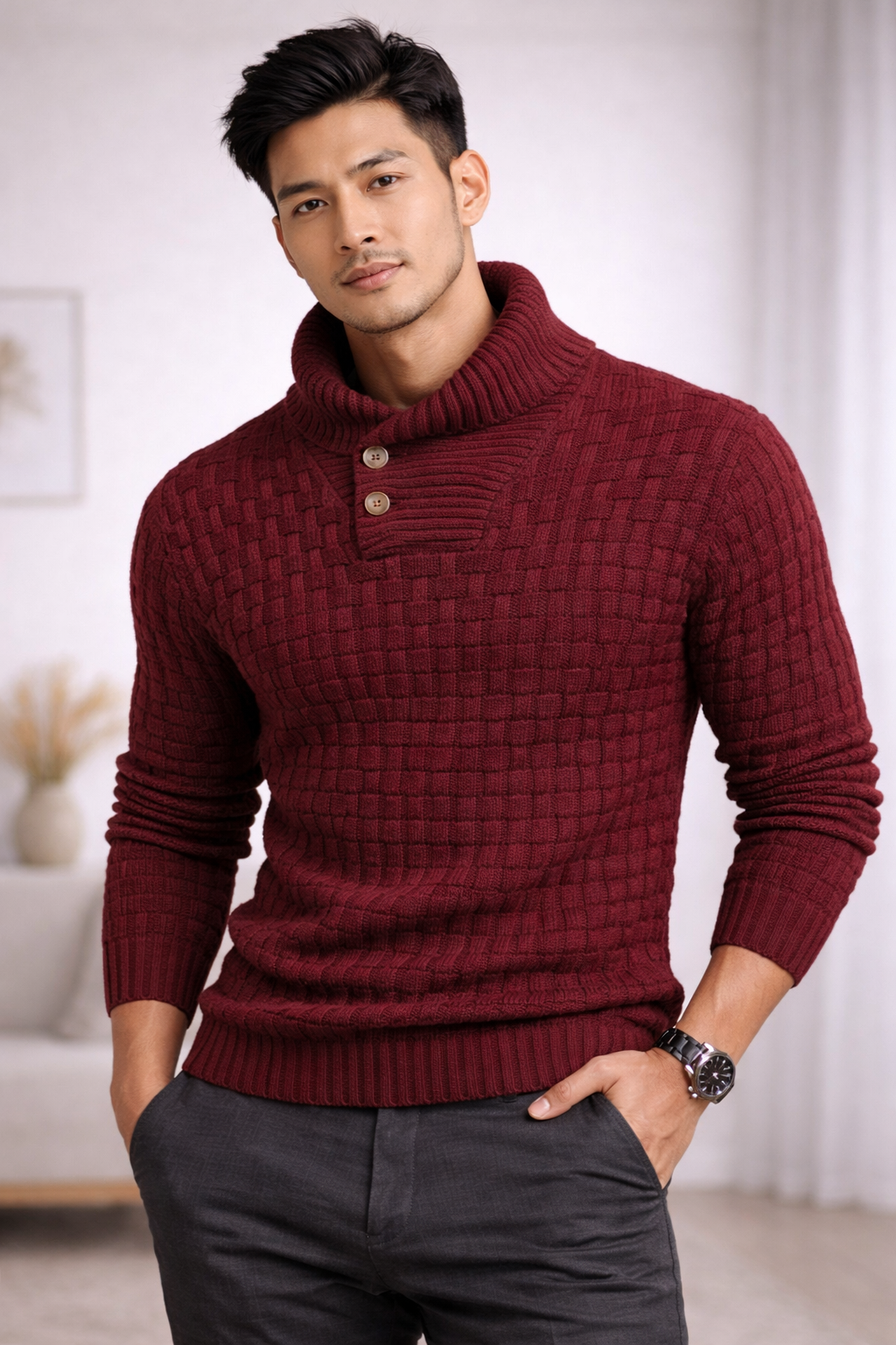 Knit Shawl-Collar Sweater