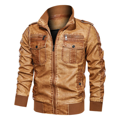 3D Washed PU Leather Jacket Plus Size Motorcycle Leather Coat