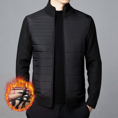 Men's Stand Collar Stitching Velvet Padded Sweater Knitwear Coat