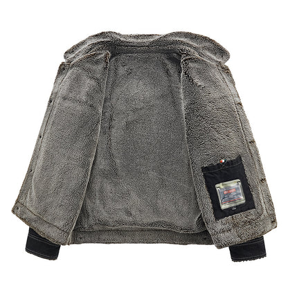 New Men's Denim Fleece-lined Thickened Cotton Clothing Warm Top
