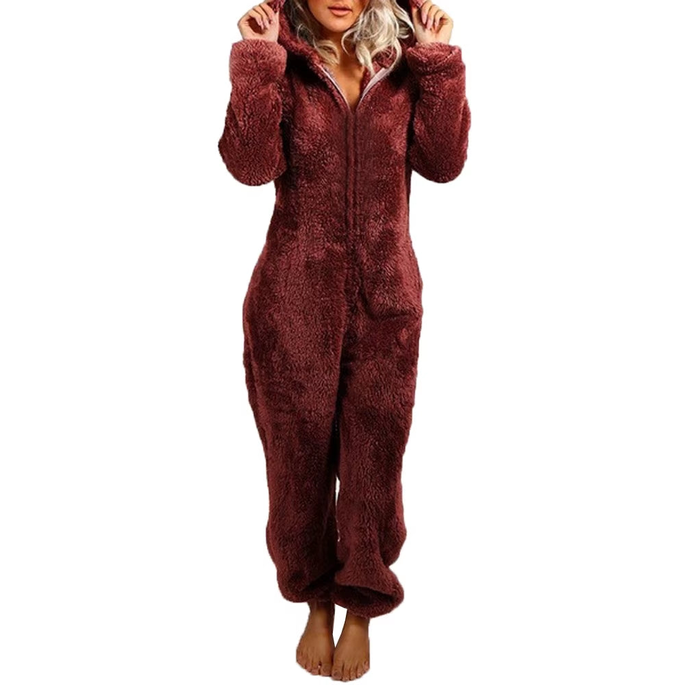 Women'S Plush Romper Autumn Winter Flannel Pajamas Long-Sleeve Zipper High Neck Hat Keep Warm Girl’S Clothes Sleepwear Homewear
