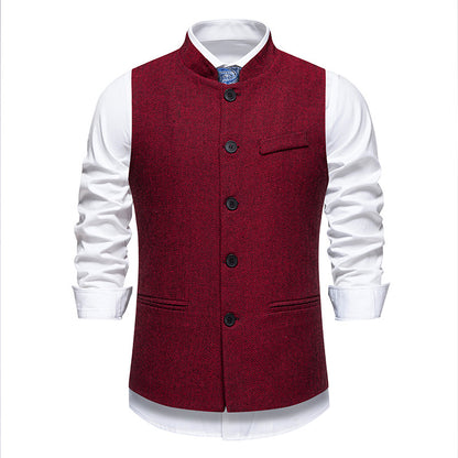 New Men's Retro Stand Collar Herringbone Senior Solid Color Suit Vest