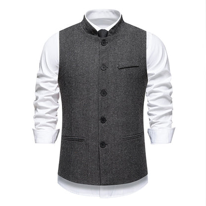 New Men's Retro Stand Collar Herringbone Senior Solid Color Suit Vest
