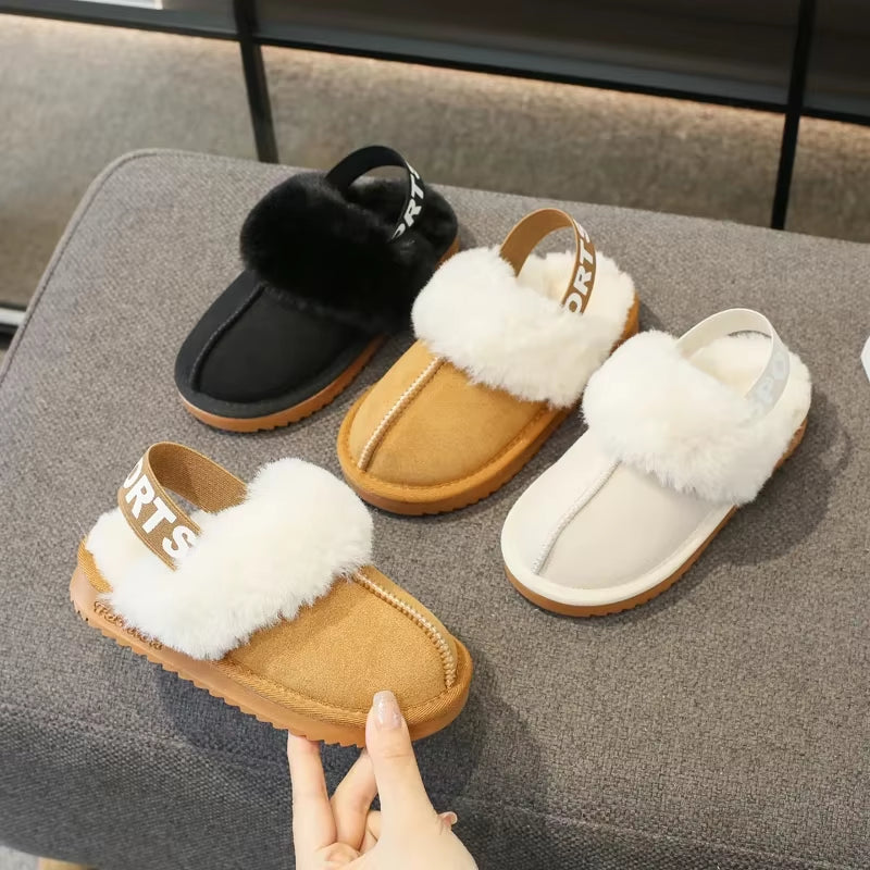 Children Toes Wrapped Plush Slippers Kids Classic Slippers Winter anti Slip Thick Soled Girls Fur Cotton Shoes Britain Style
