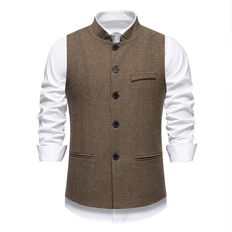 New Men's Retro Stand Collar Herringbone Senior Solid Color Suit Vest
