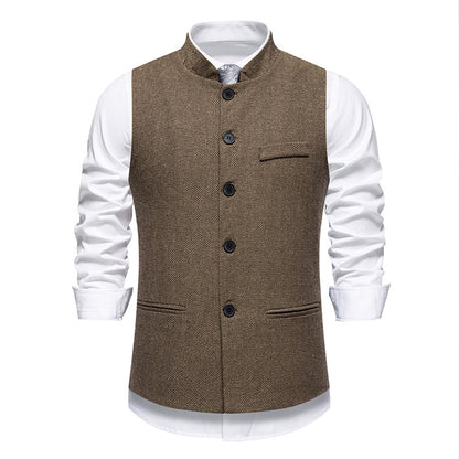 New Men's Retro Stand Collar Herringbone Senior Solid Color Suit Vest