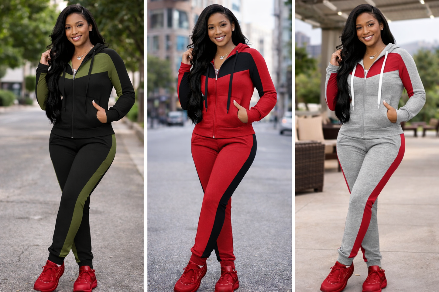 Women's Color Matching Zipper Hooded Tracksuit set