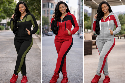 Women's Color Matching Zipper Hooded Tracksuit set