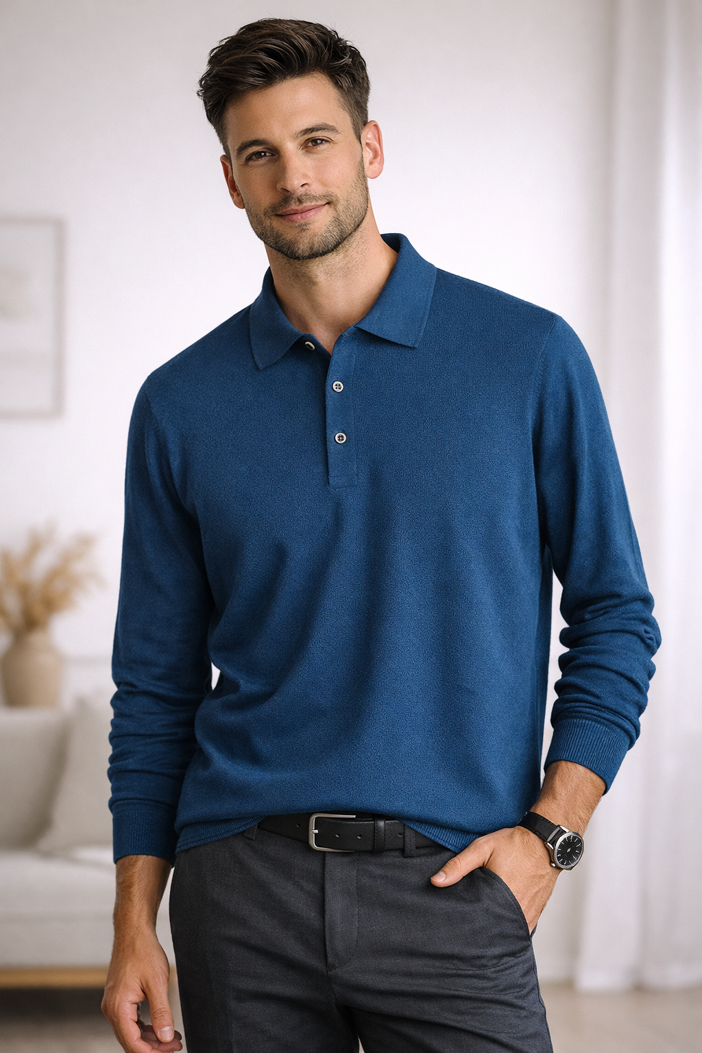 Spring New Worsted Sweater Men's Loose Solid Color Polo Collar Sweater