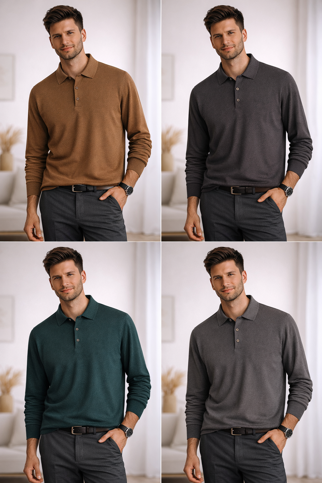 Spring New Worsted Sweater Men's Loose Solid Color Polo Collar Sweater