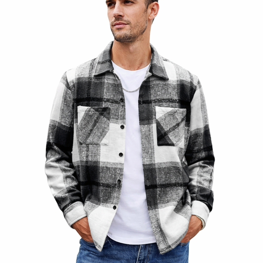 Men’s Black & White Plaid Flannel Shirt – Casual Button-Up Jacket