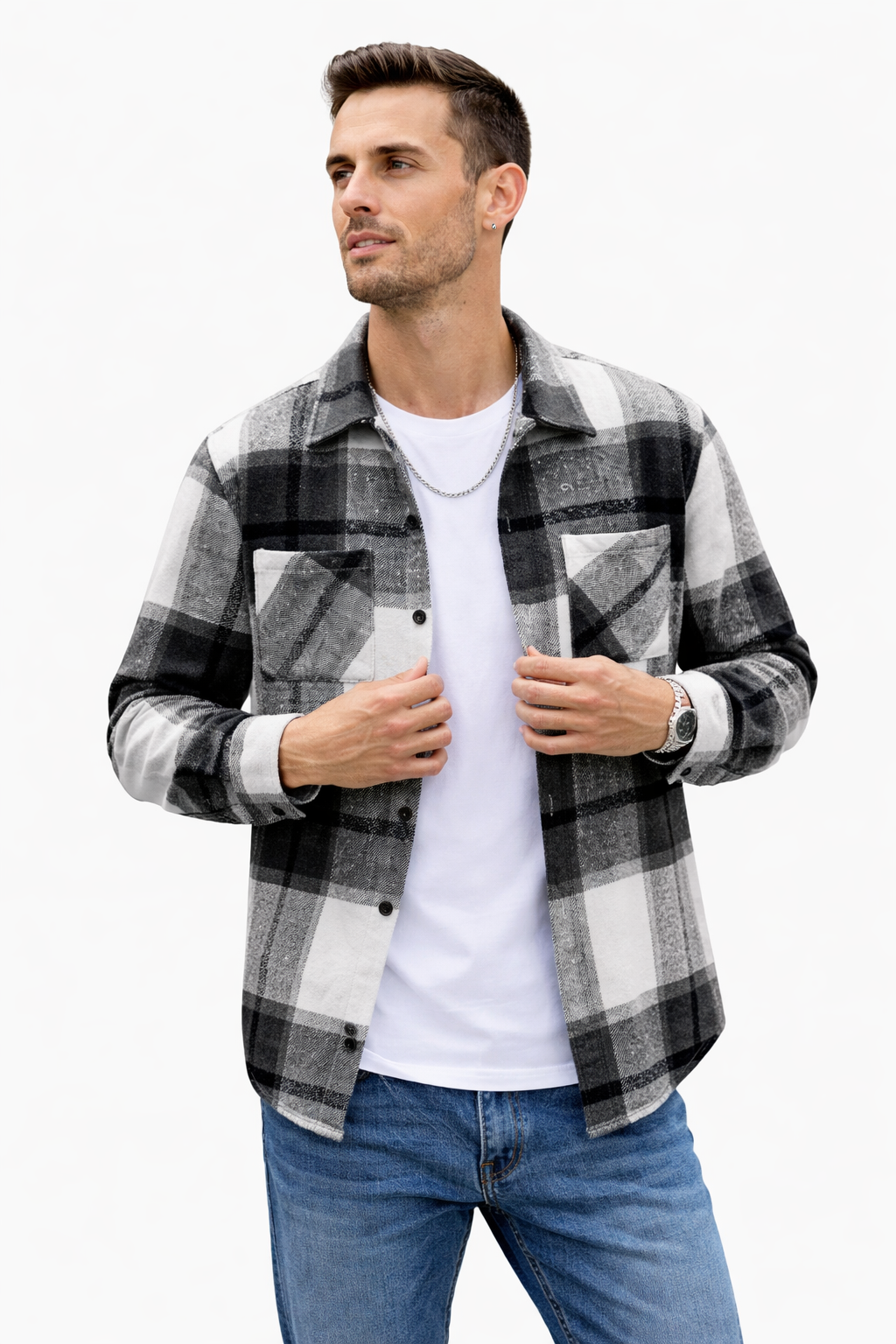 Men’s Black & White Plaid Flannel Shirt – Casual Button-Up Jacket