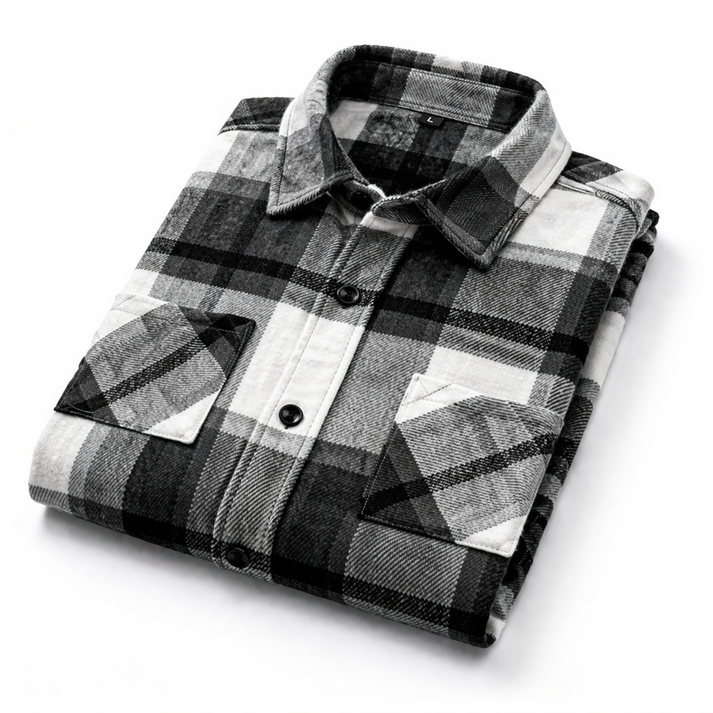 Men’s Black & White Plaid Flannel Shirt – Casual Button-Up Jacket