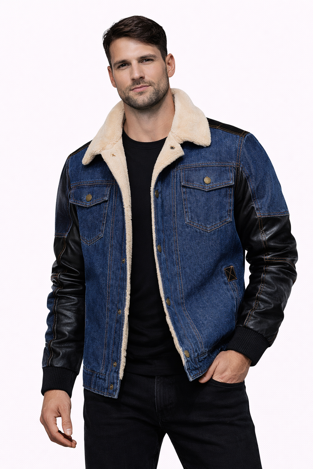 Men's Thickened Work Jacket, Denim - Patchwork Collared Multi - Pocket Autumn & Winter Jacket