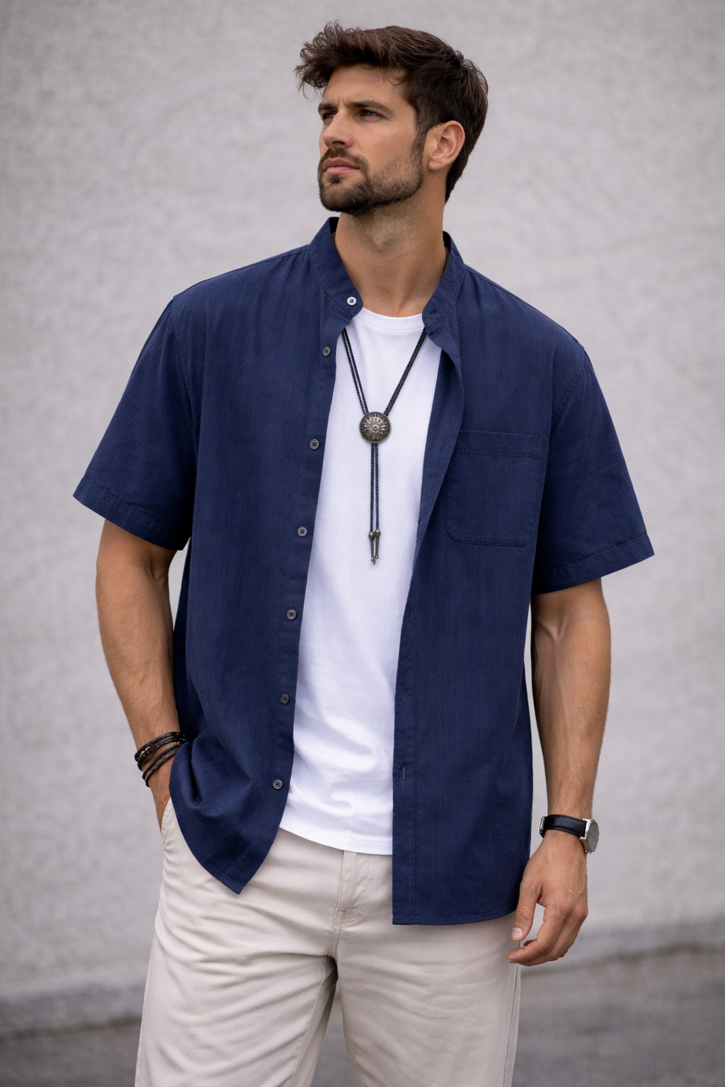 Men’s Navy Blue Linen Short Sleeve Shirt – V-Neck/ Button-Up