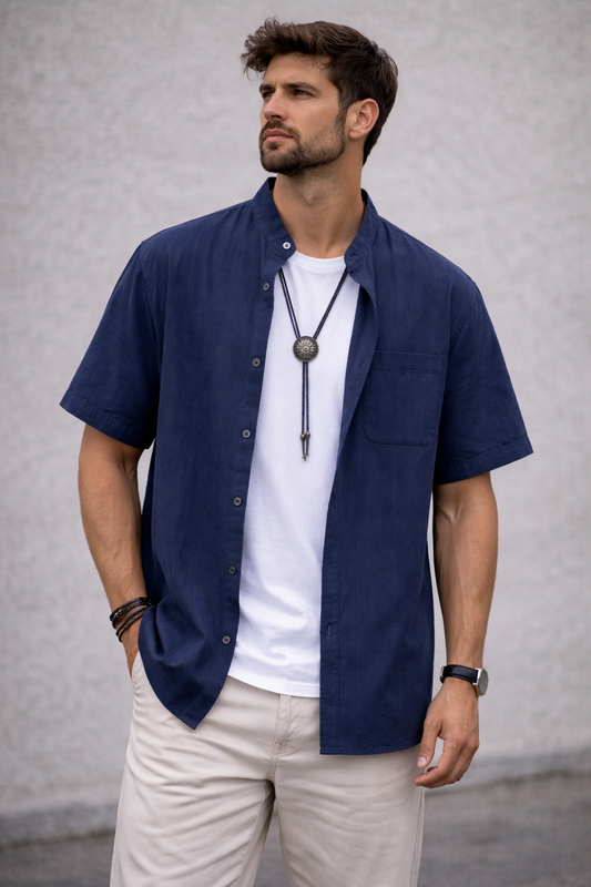 Men’s Navy Blue Linen Short Sleeve Shirt – V-Neck/ Button-Up