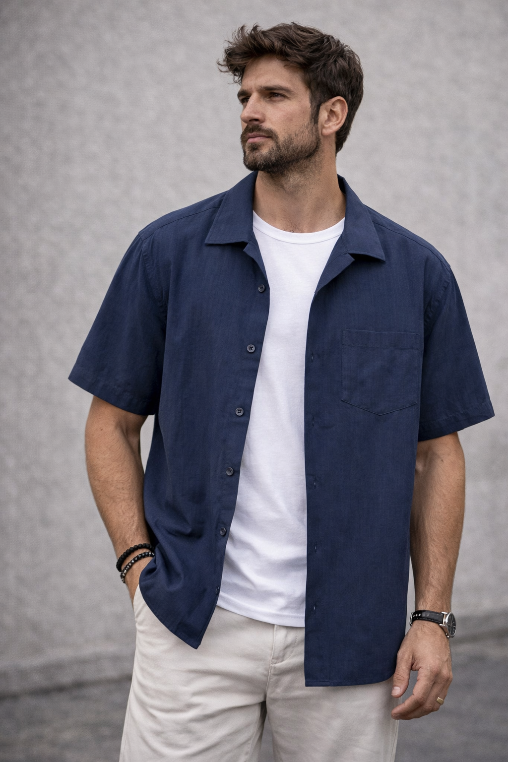 Men’s Navy Blue Linen Short Sleeve Shirt – V-Neck/ Button-Up