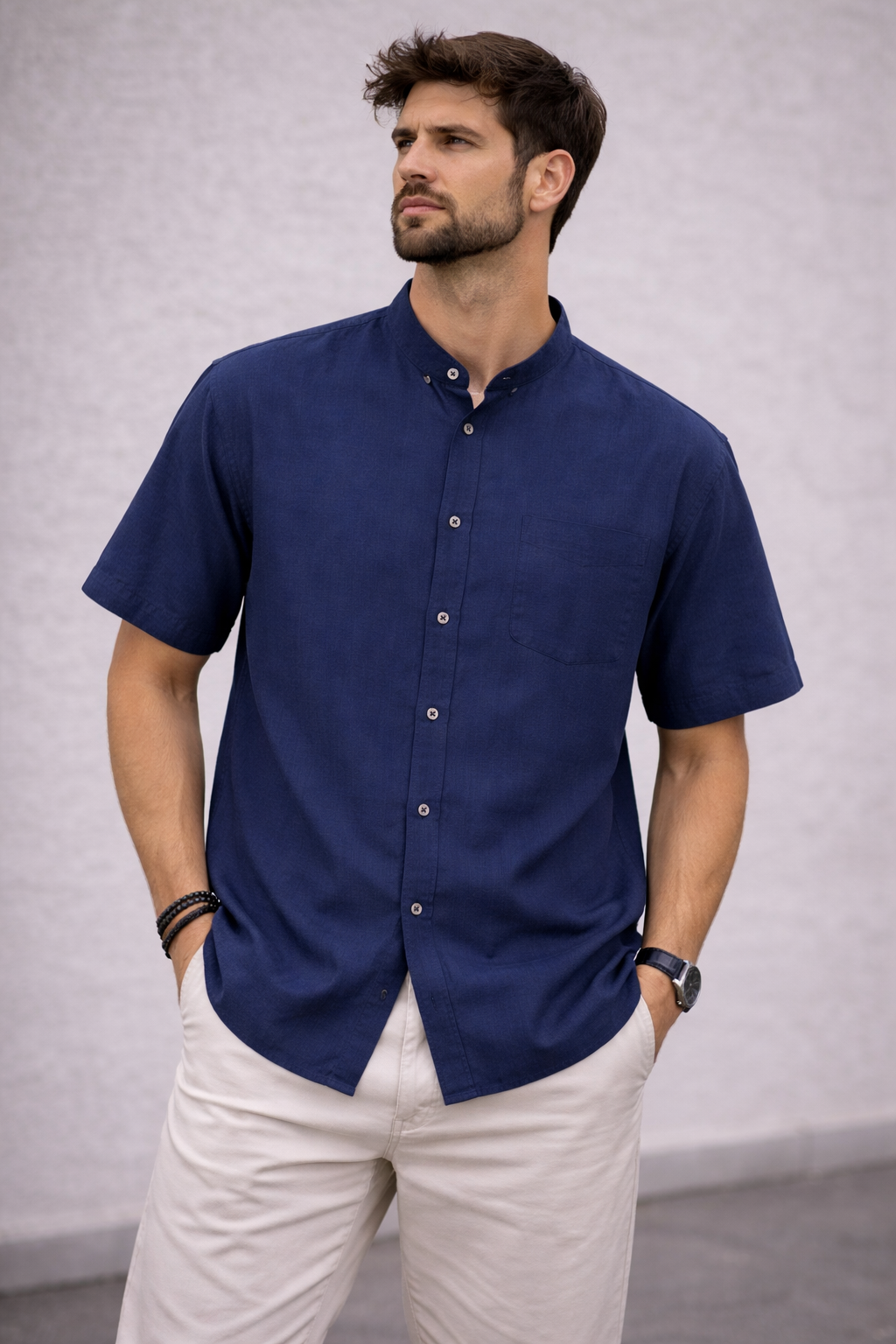 Men’s Navy Blue Linen Short Sleeve Shirt – V-Neck/ Button-Up