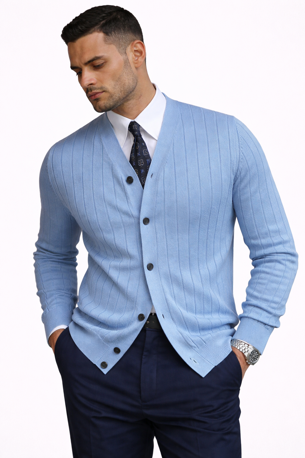 Ribbed Signature Cardigan - Sapphire Blue