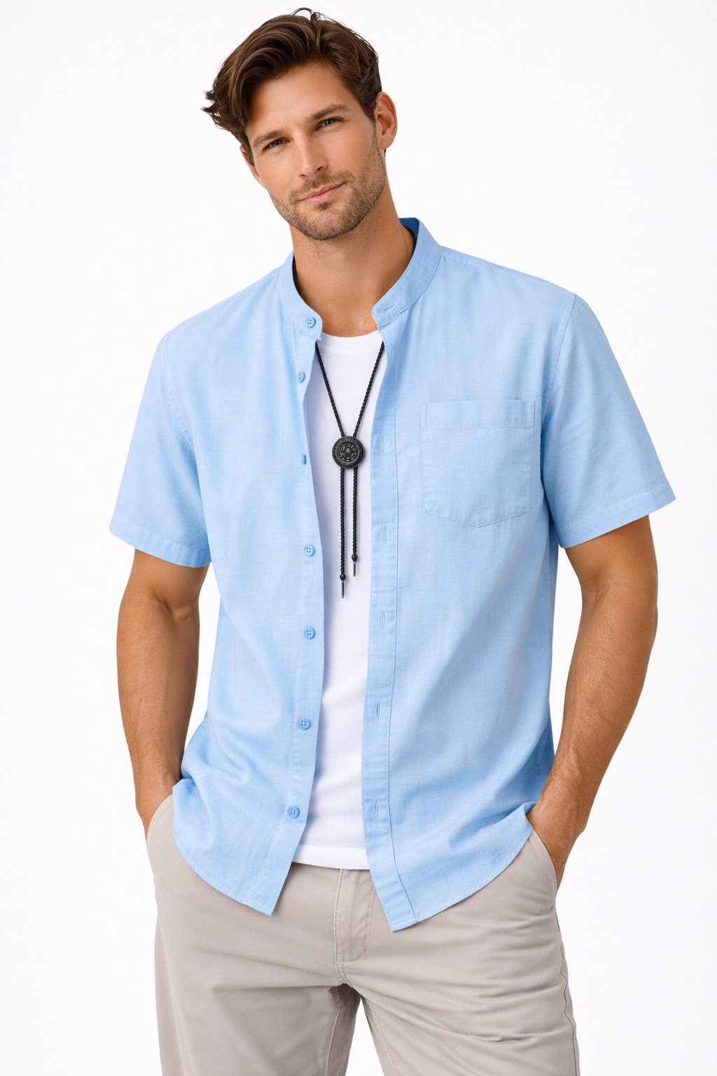 Men’s Sky Blue Linen Short Sleeve Shirt – V-Neck/ Button-Up
