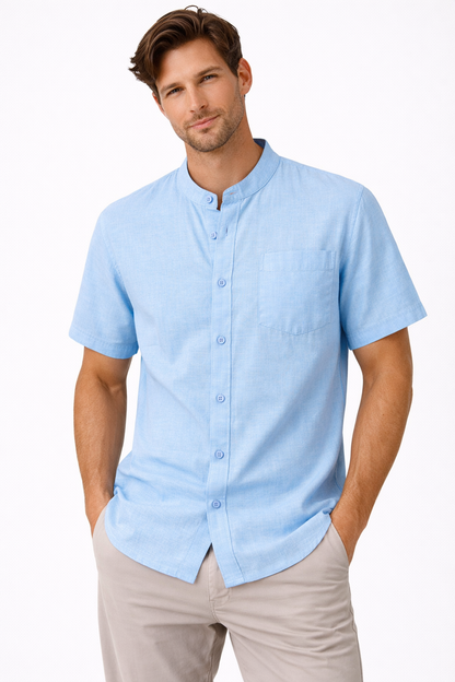 Men’s Sky Blue Linen Short Sleeve Shirt – V-Neck/ Button-Up