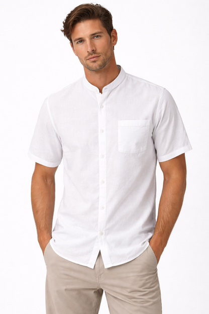 Men’s White Linen Short Sleeve Shirt – Breathable Summer Button-Up Casual Shirt