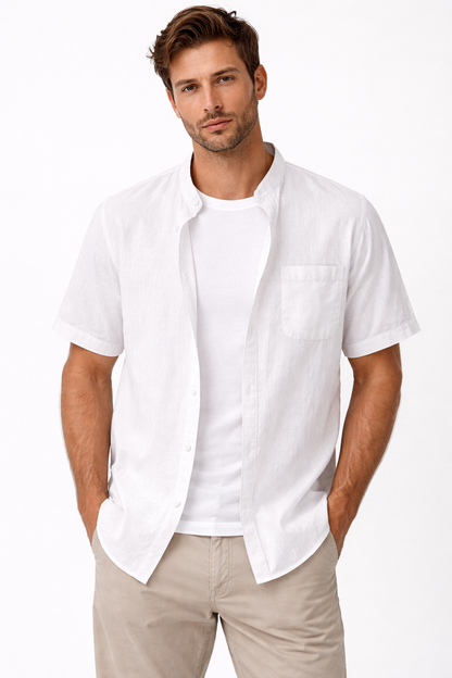 Men’s White Linen Short Sleeve Shirt – Breathable Summer Button-Up Casual Shirt