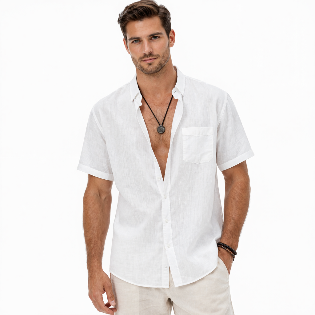 Men’s White Linen Short Sleeve Shirt – Breathable Summer Button-Up Casual Shirt