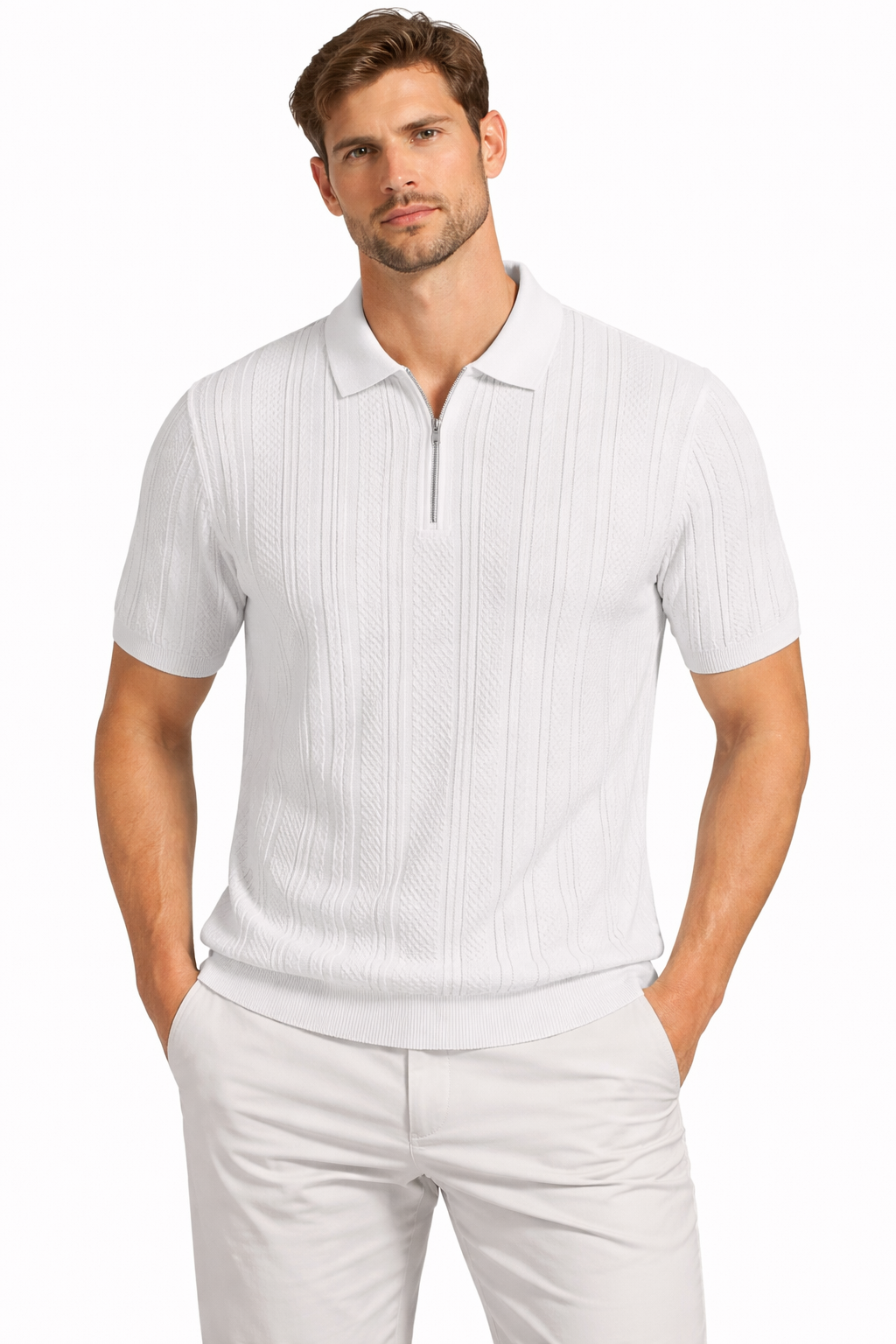 Men’s Textured Knit Zip Polo Shirt – Slim Fit Short Sleeve Summer Smart Casual Top