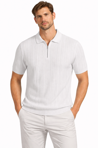 Men’s Textured Knit Zip Polo Shirt – Slim Fit Short Sleeve Summer Smart Casual Top