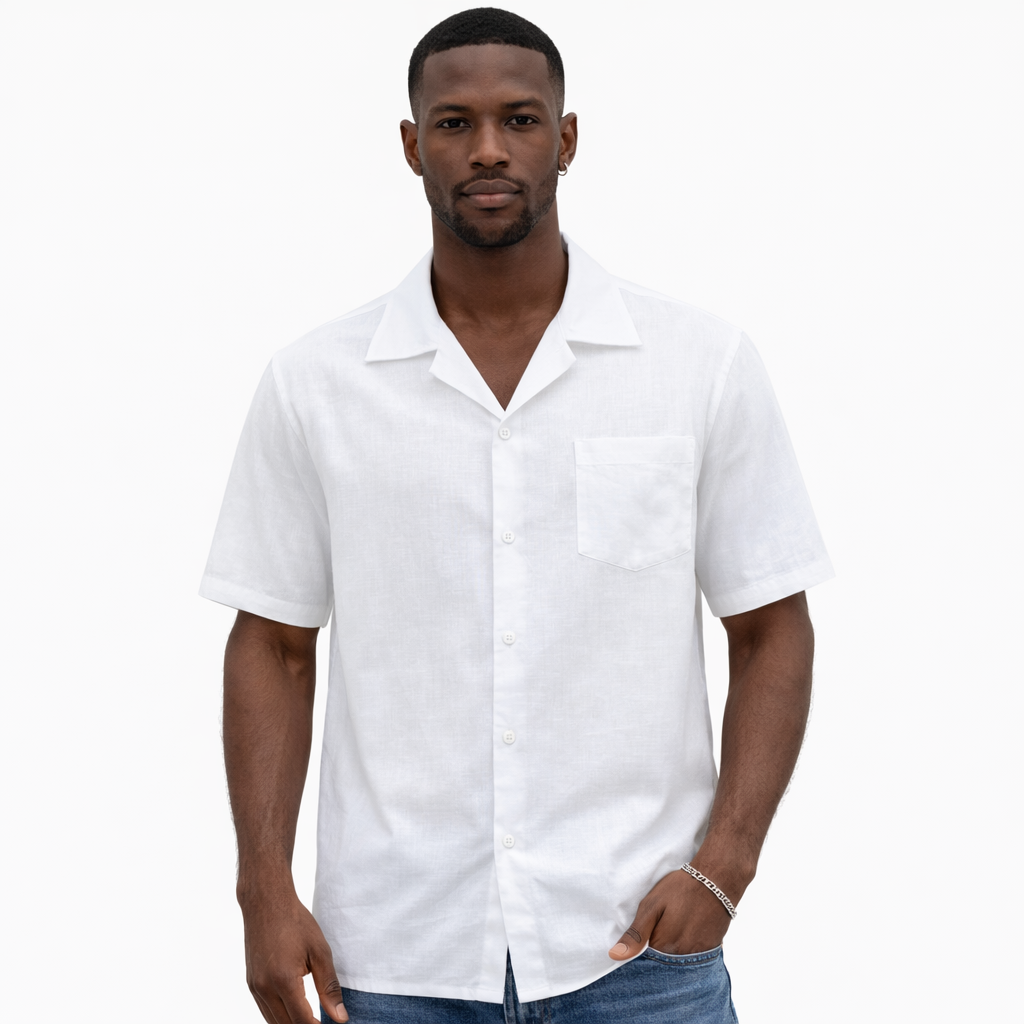 Men’s White Linen Short Sleeve Shirt – Lightweight Summer Button-Up Casual Shirt