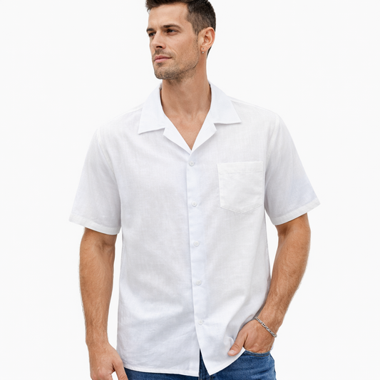 Men’s White Linen Short Sleeve Shirt – Lightweight Summer Button-Up Casual Shirt