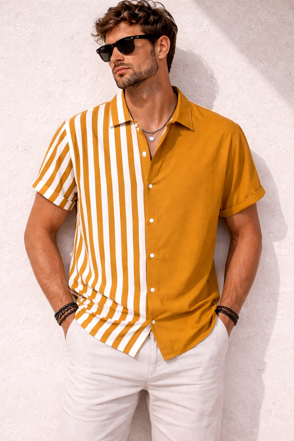 Two-tone Striped Print Casual Men's Shirt - Yellow